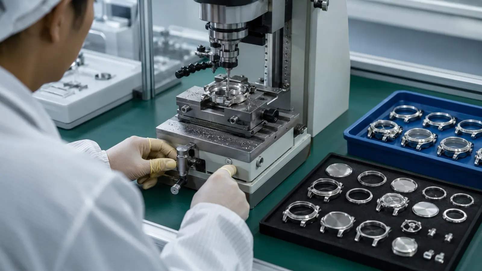 CNC machine cutting a stainless steel watch case