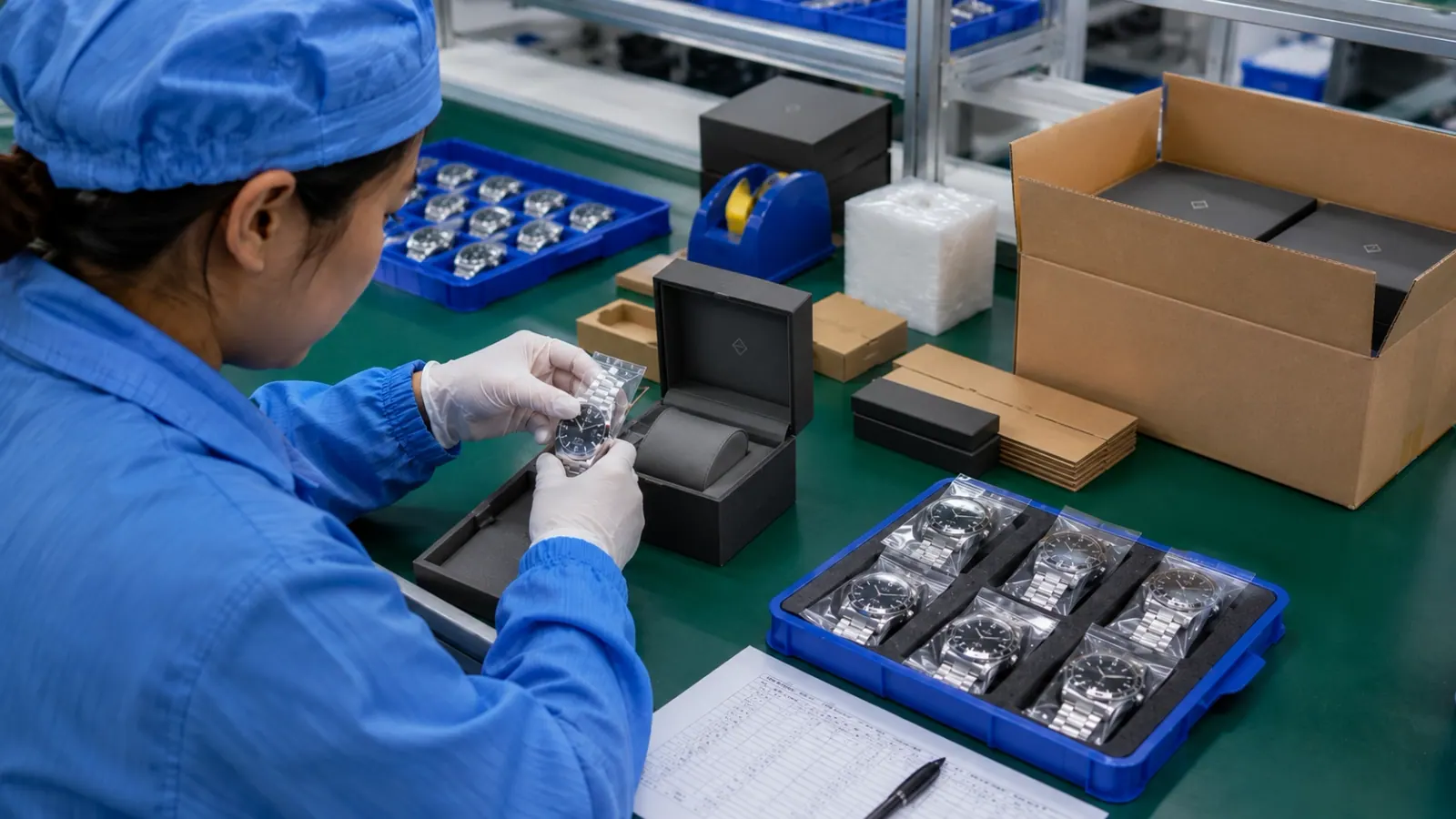 Finished watches being packed into branded boxes for dispatch