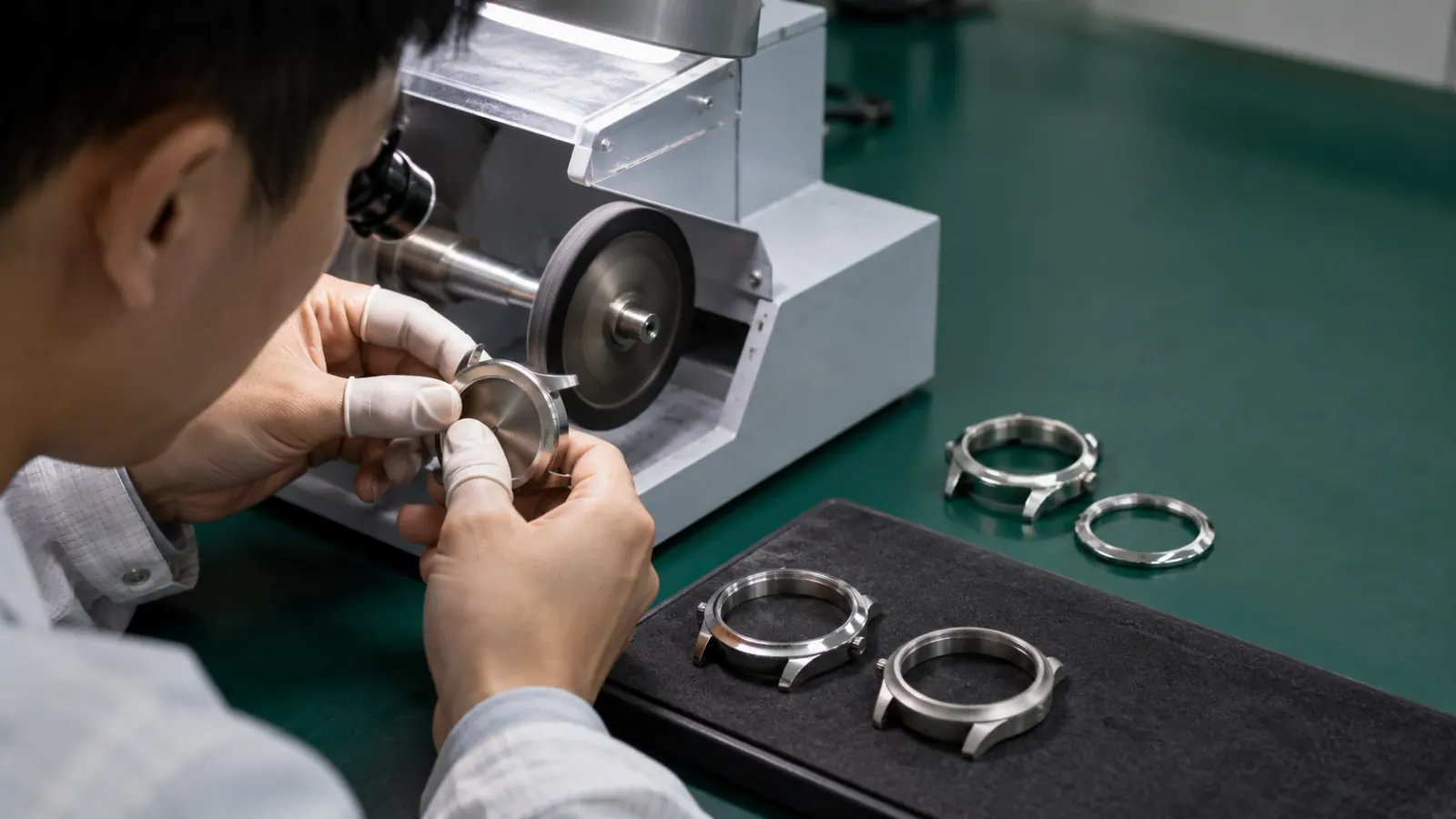 Polishing wheel finishing a watch case