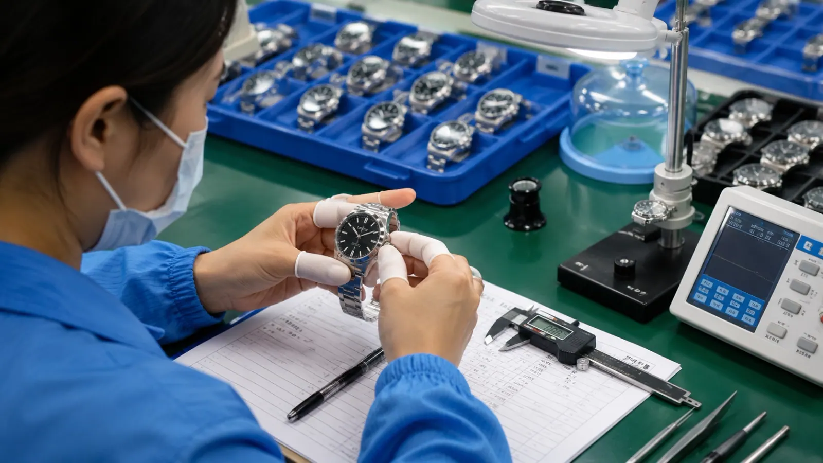 Quality inspector examining a finished watch
