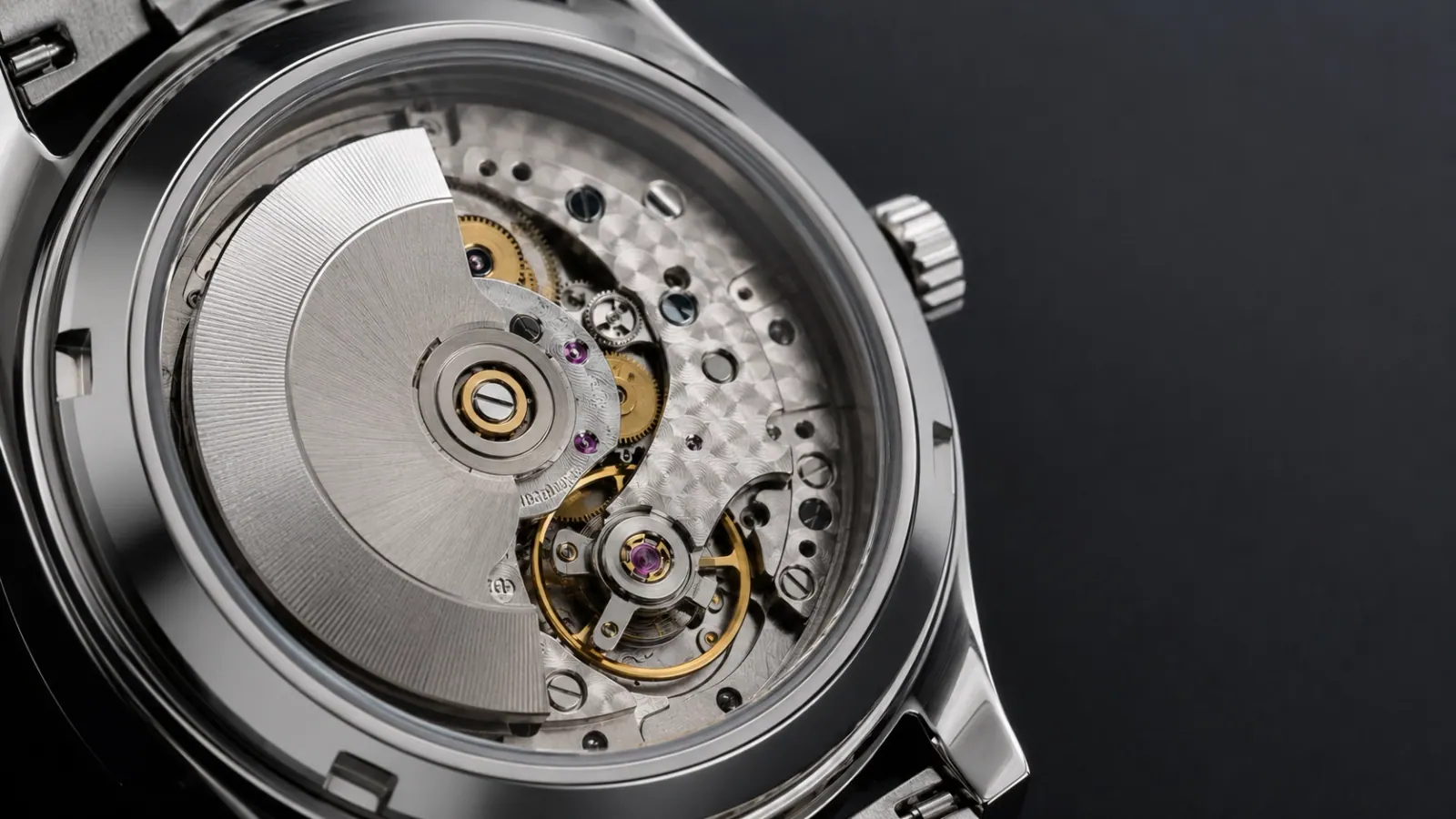 Automatic movement rotor seen through a display caseback