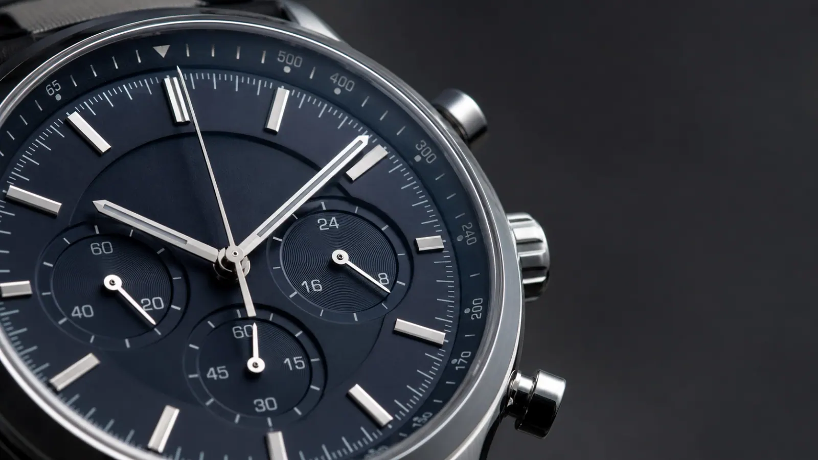 Chronograph sub-dials macro on a custom watch