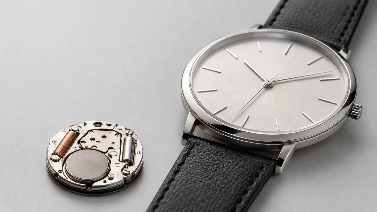 Quartz watch dial macro — clean printed indices