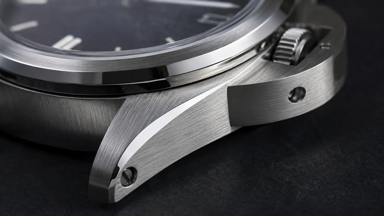 Brushed and polished 316L stainless steel watch case macro