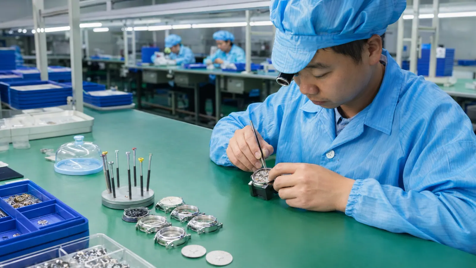 Technician fitting a movement into a watch case at our assembly bench