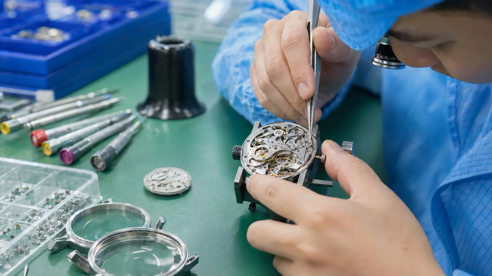 Watchmaker assembling a mechanical movement with tweezers at our factory bench