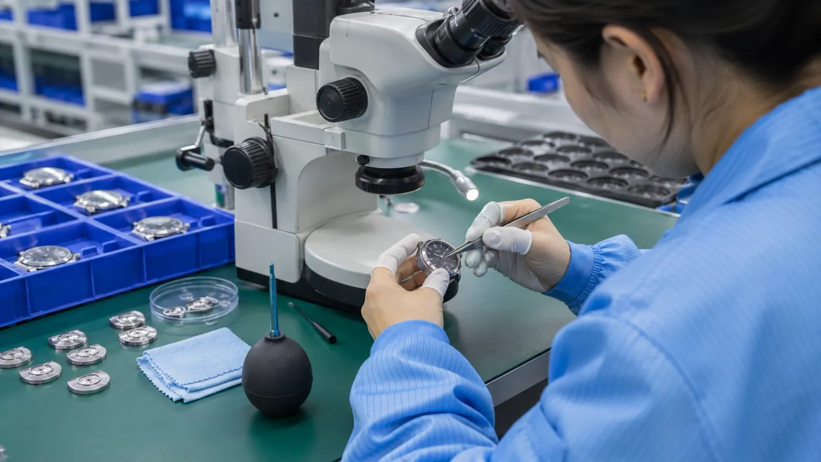 Inspector checking dial and case finish under magnification