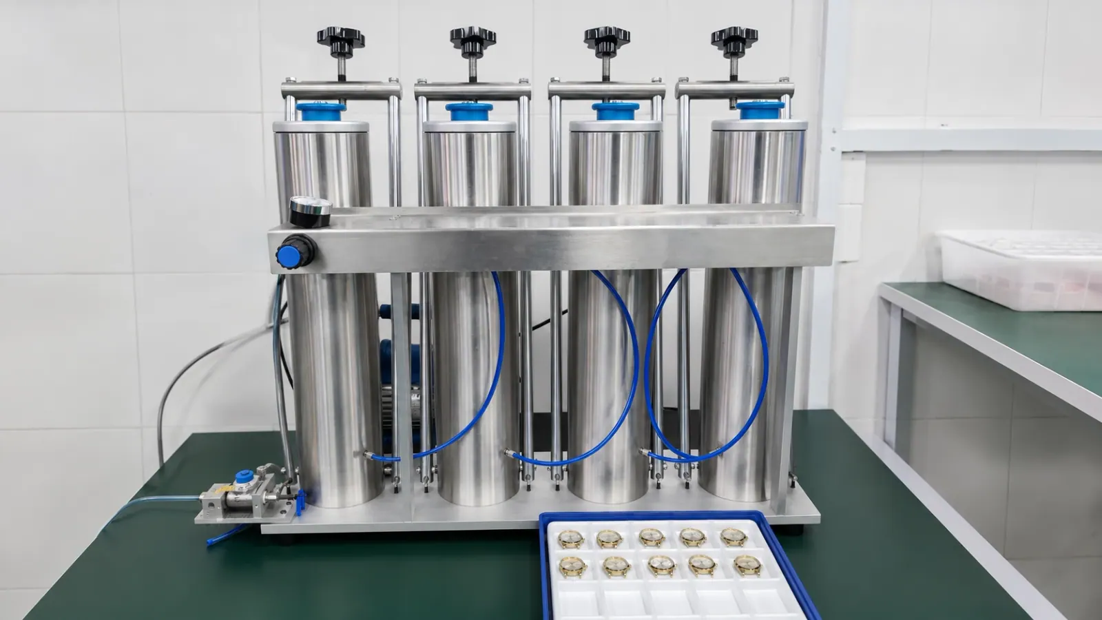 Water-resistance test rig pressure-testing assembled watches