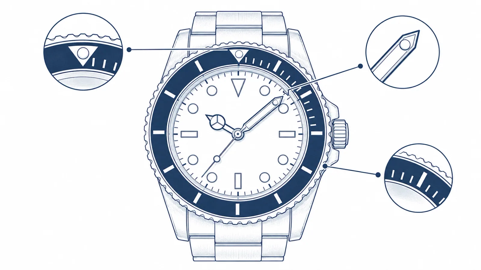 Annotated dive bezel with the luminous pip aligned to the minute hand at zero