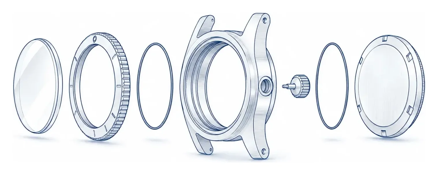 Exploded diagram of a watch case with labelled parts — bezel, case middle, caseback, lugs, and crown