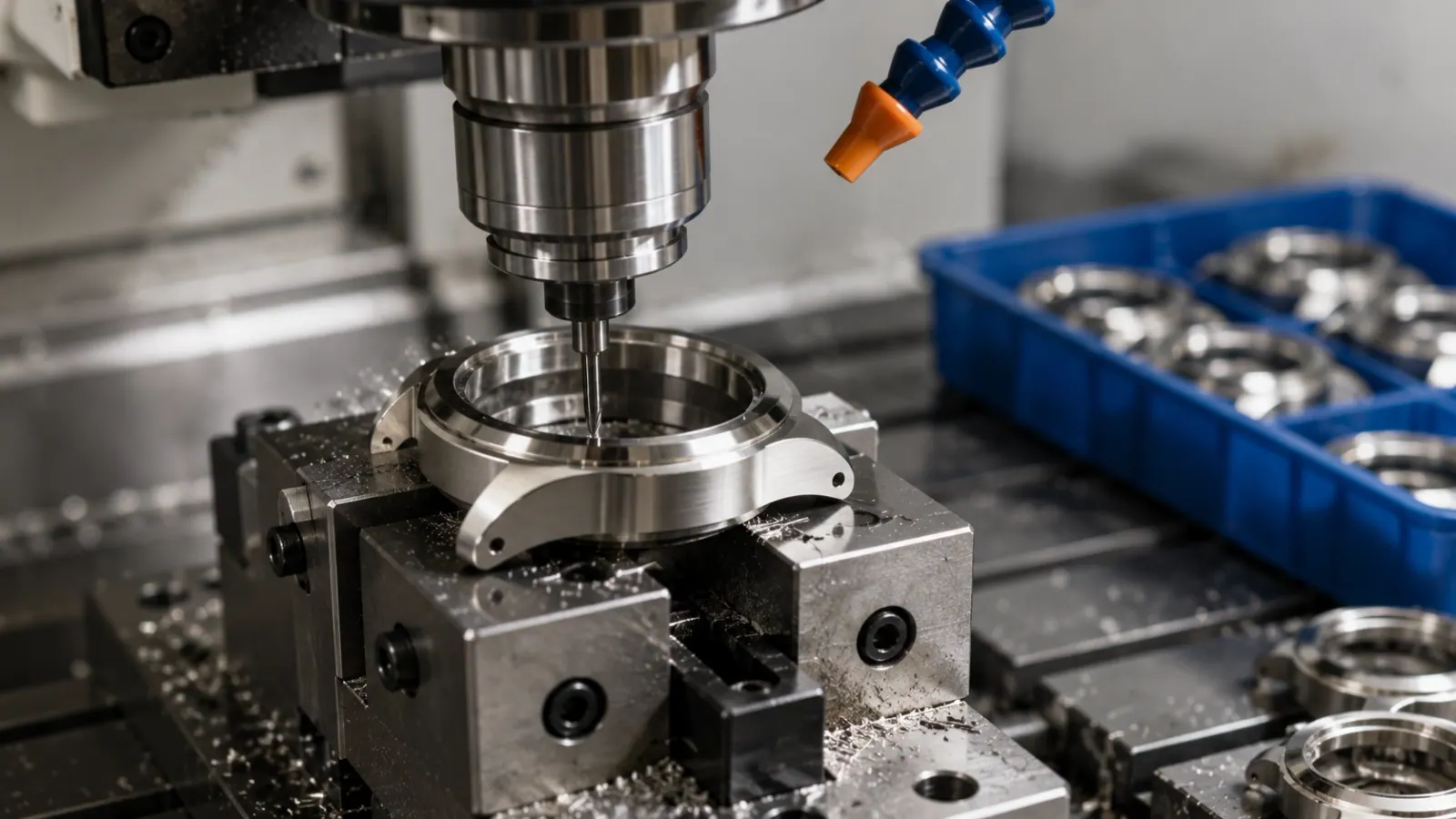 CNC machine cutting a stainless steel watch case on the factory floor