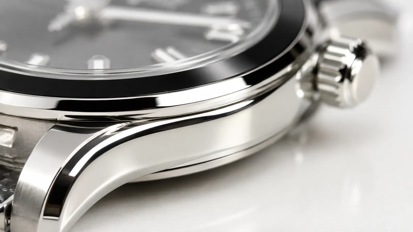 High-polish watch bezel and case flank with mirror reflection