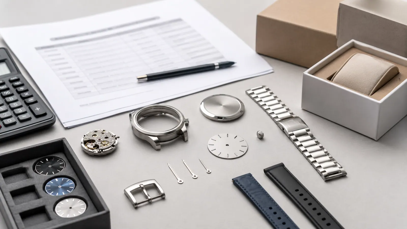 Watch components laid out as cost line items — movement, case, dial, and hands