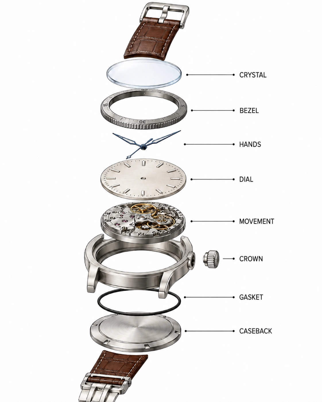 Exploded diagram of a complete watch — crystal, bezel, hands, dial, movement, case, caseback, and strap, every part customizable