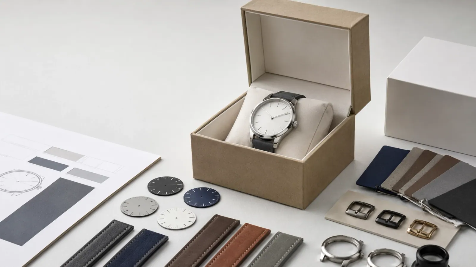 Private label watch with branded dial and custom packaging box