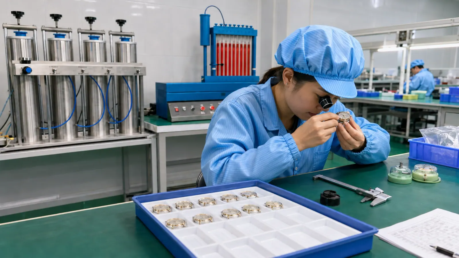 Watch quality-control line — inspection and testing stations